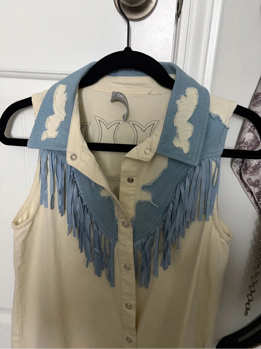 Sleeveless Fringed Western Tank Top - Cream and Light Blue